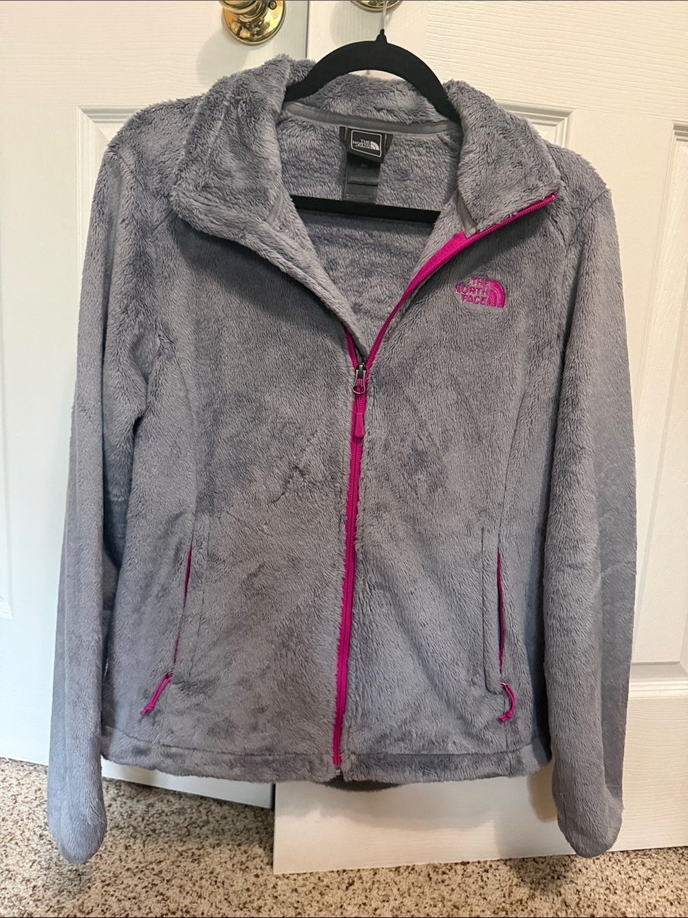 The North Face Gray Teddy Fleece Jacket with Pink Accents